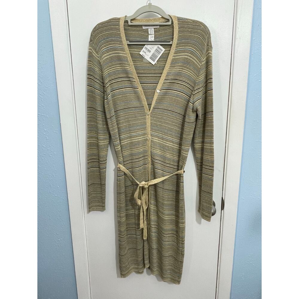 Casual Corner Long Knit Cardigan Sweater XL Metallic Gold Striped Y2K  NWT